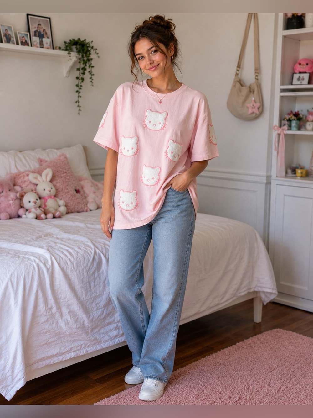 Threesuns Home Charming Pink Short Sleeve Sweatshirt with Cat Design Large